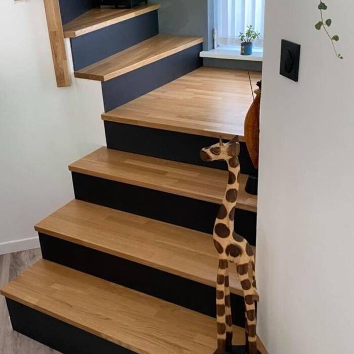 Escalier sur mesure avec marches en chêne massif et contremarches noires