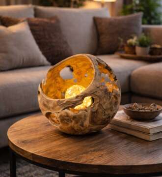 lampe boule en bois