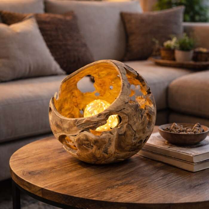 lampe boule en bois