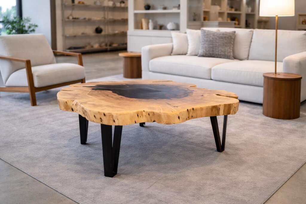 Table basse en palissandre des Indes avec résine époxy effet verre dépoli A34