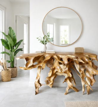 console b4 en teck massif — design racine teck naturelle