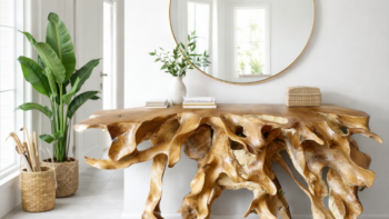 console b4 en teck massif — design racine teck naturelle