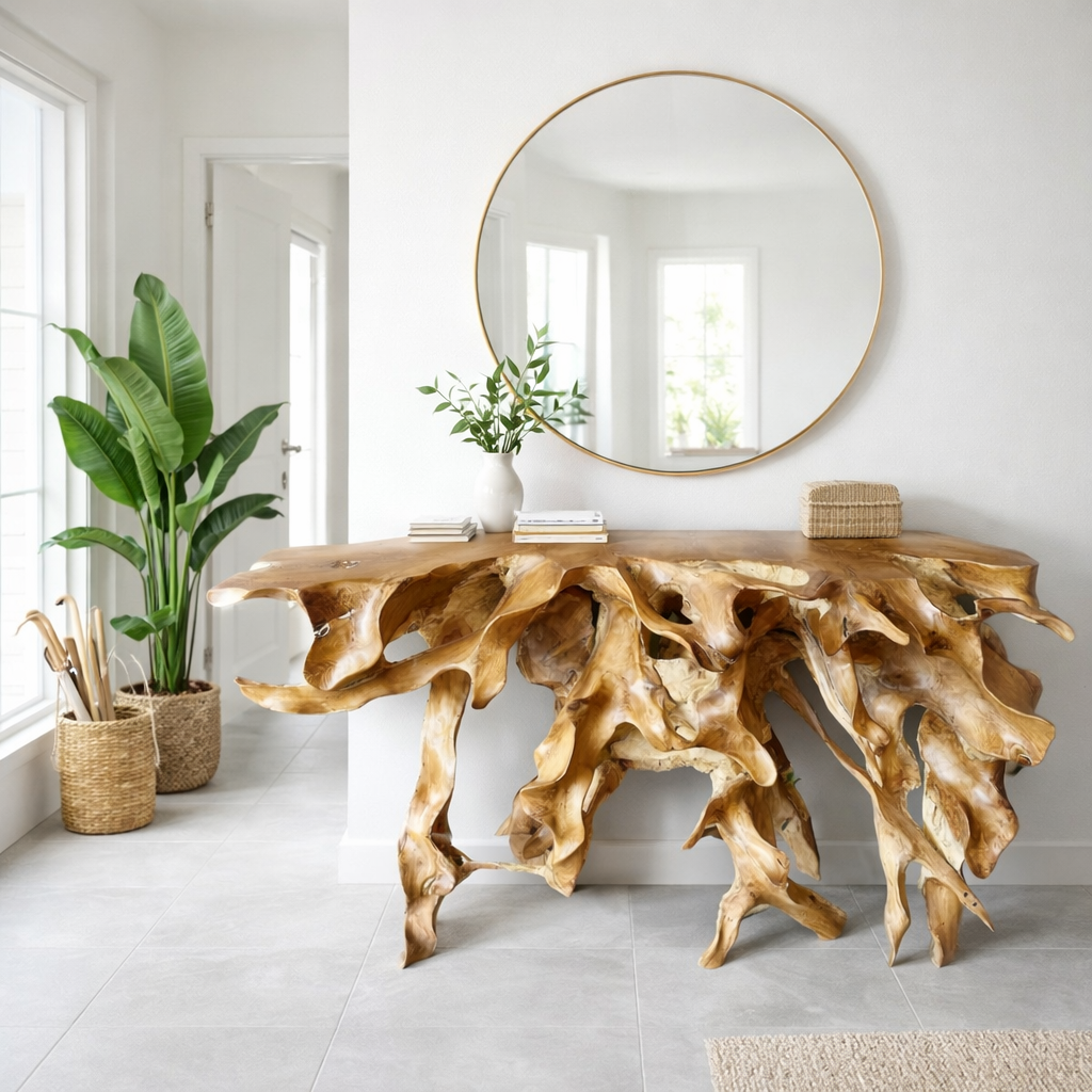 console b4 en teck massif — design racine teck naturelle