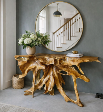 console b6 en teck massif — Élément sculptural en racine naturelle
