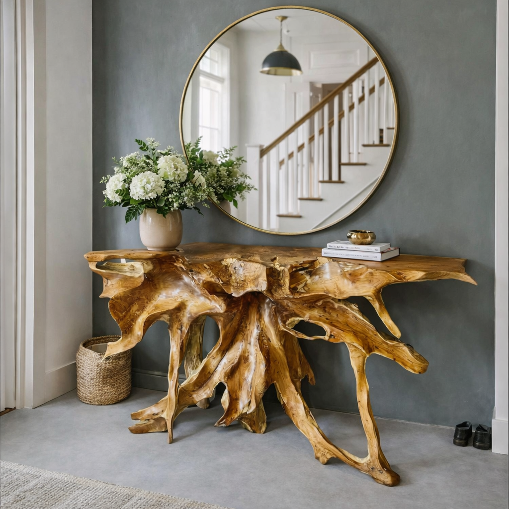 console b6 en teck massif — Élément sculptural en racine naturelle