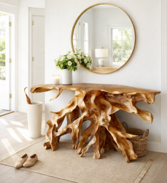 console b5 en teck massif — sculpture naturelle en racine de teck