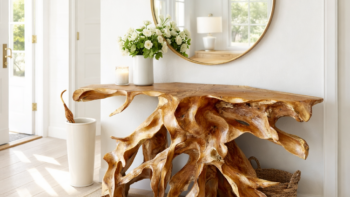 console b5 en teck massif — sculpture naturelle en racine de teck