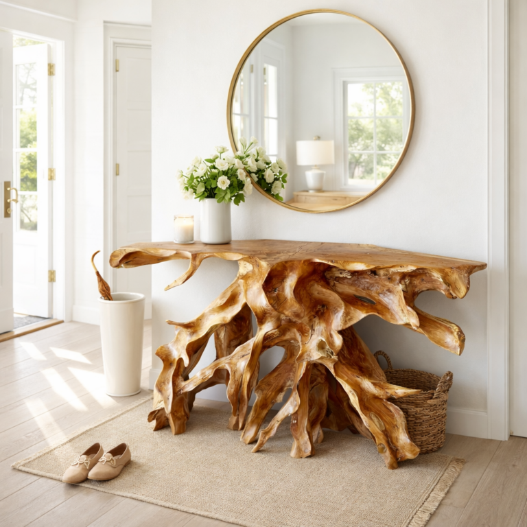 console b5 en teck massif, sculpture naturelle en racine de teck