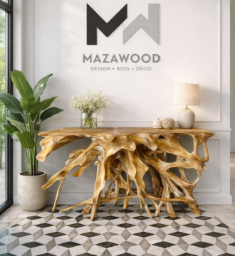 console b2 en teck massif — racine naturelle de teck