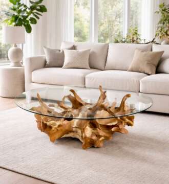 table basse en racine de teck massif & plateau verre