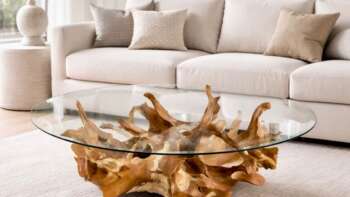 table basse en racine de teck massif & plateau verre