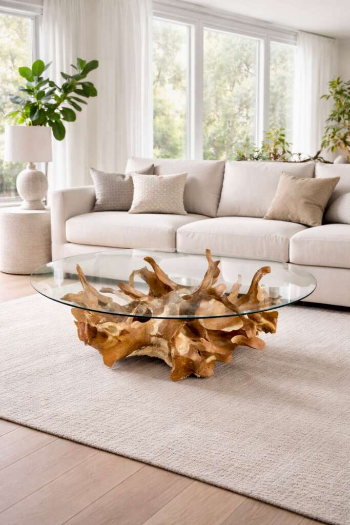 table basse en racine de teck massif & plateau verre