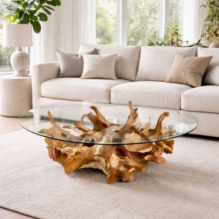 table basse en racine de teck massif & plateau verre
